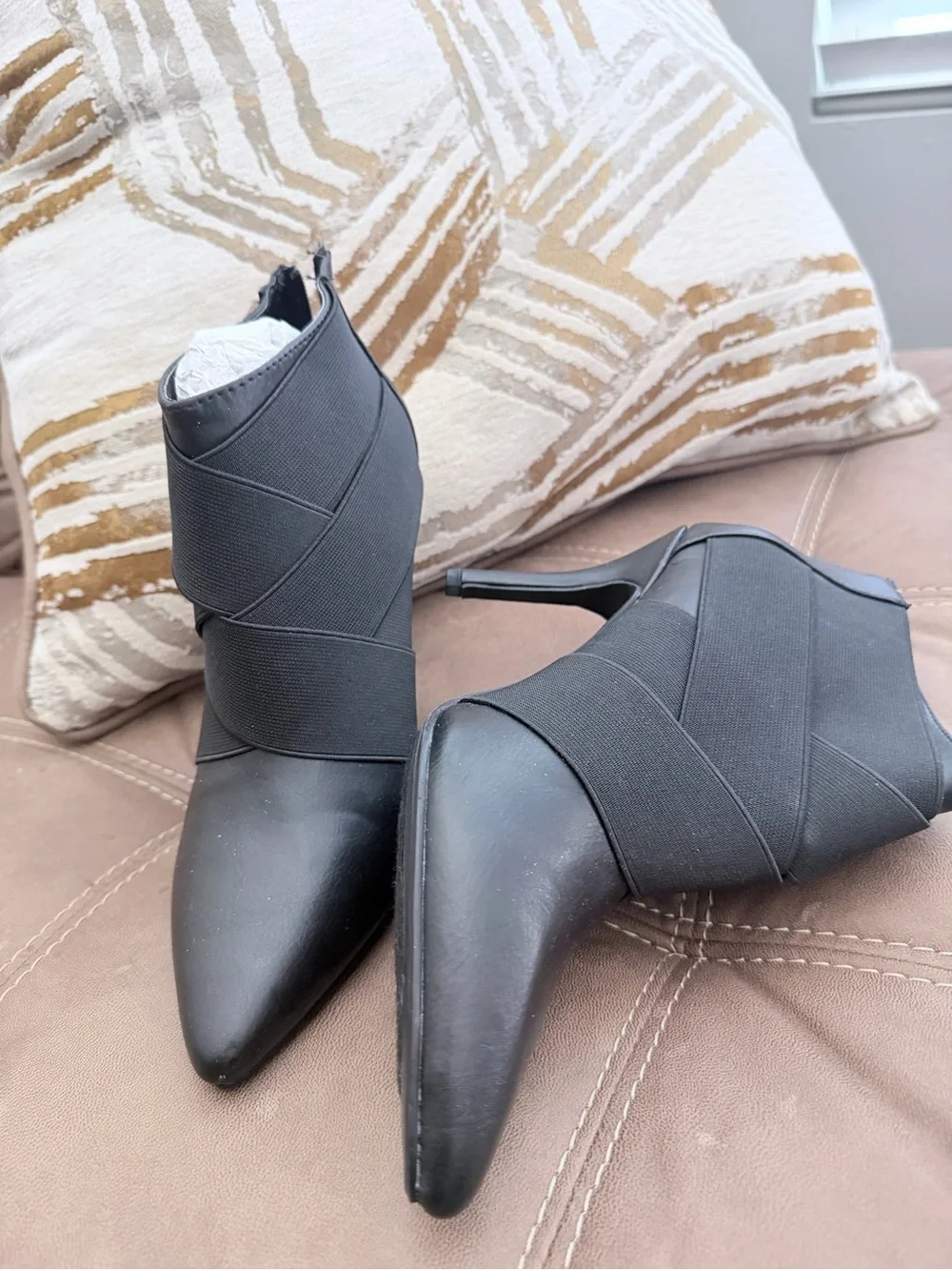 Women's Black Pointed Ankle Booties with Wrap Elastic Detail